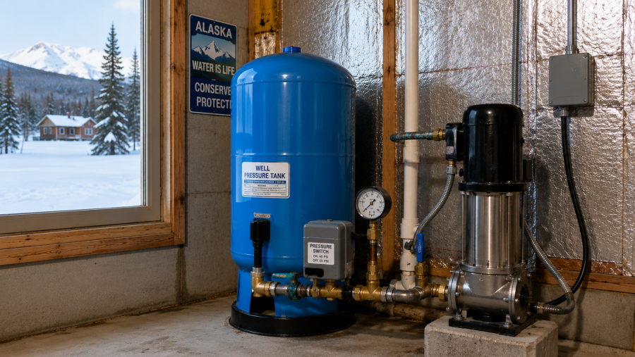 Well pump pressure tank and pressure switch setup in an Alaskan home