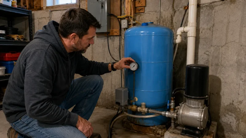 Homeowner checking well pump pressure tank in basement after well pump stopped working
