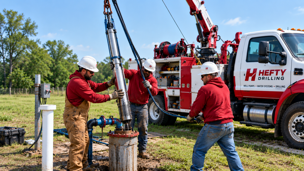 Three workers in hard hats and red sweatshirts operate a crane to lower a submersible well pump into a ground casing next to a Hefty Drilling service truck.