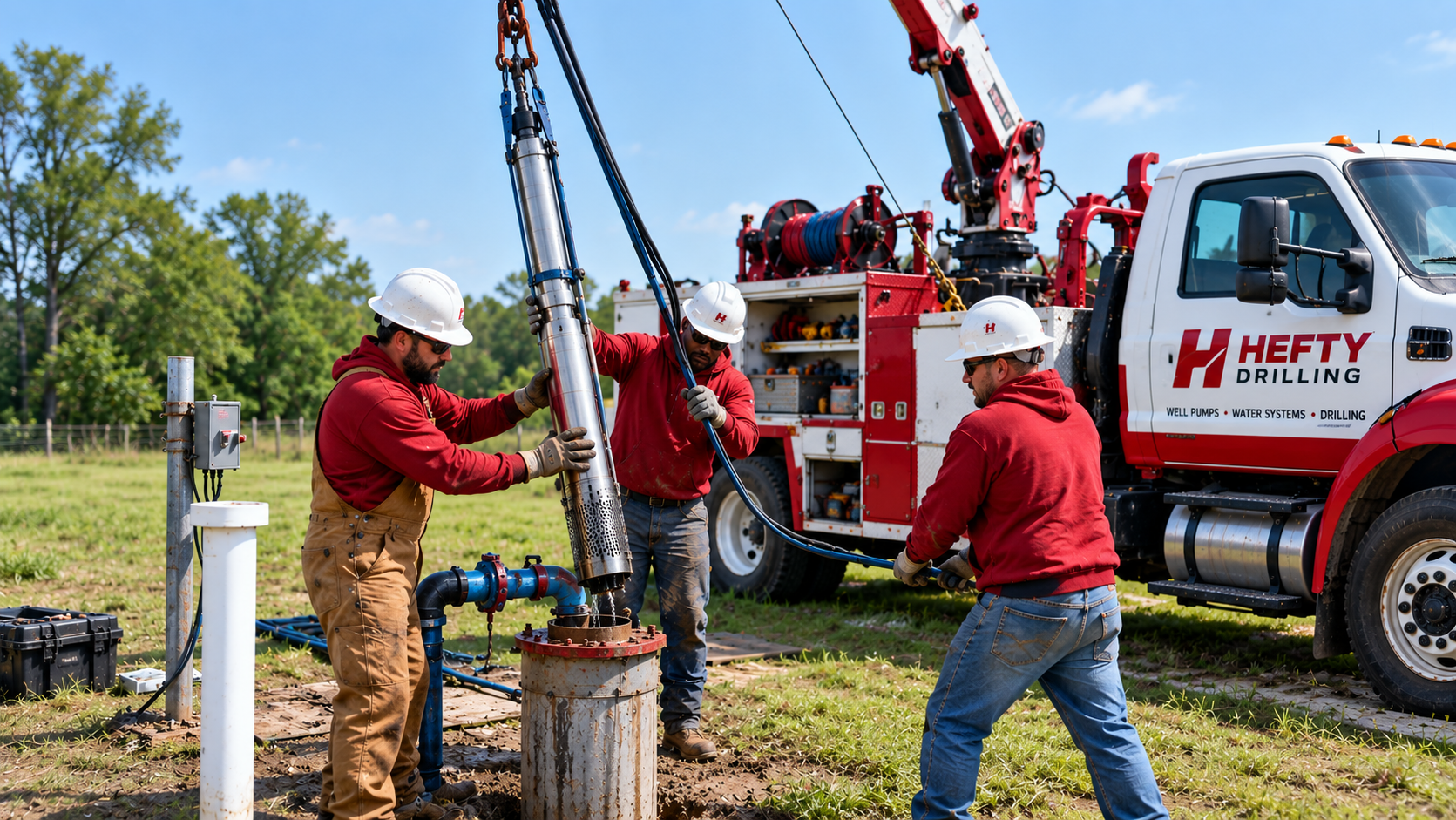 Three workers in hard hats and red sweatshirts operate a crane to lower a submersible well pump into a ground casing next to a Hefty Drilling service truck.