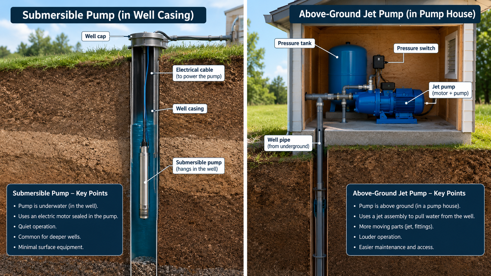 Side-by-side illustration of a submersible well pump installed inside a well and a jet pump mounted above ground